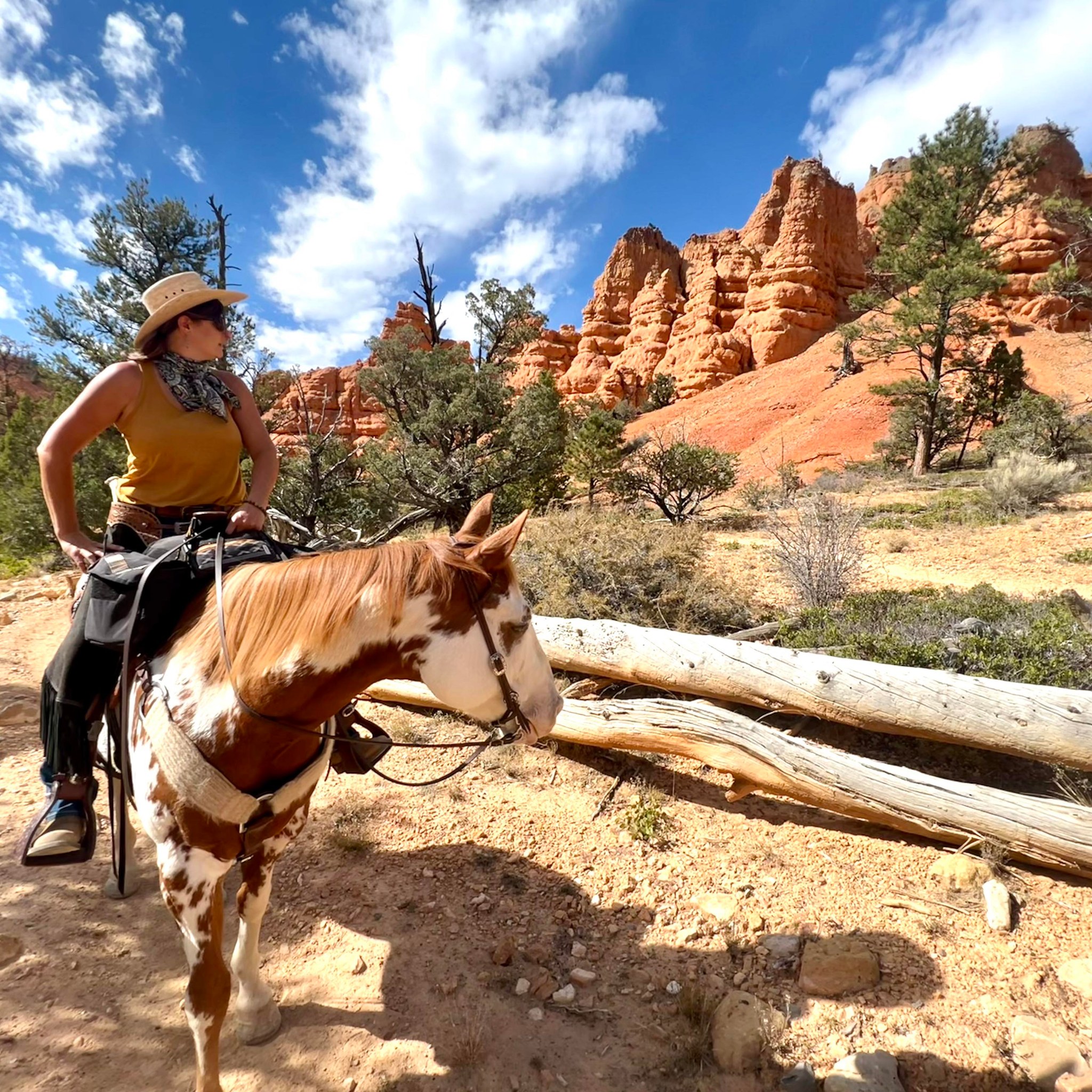 Bree riding through vivid red hoodoo country under a blue sky