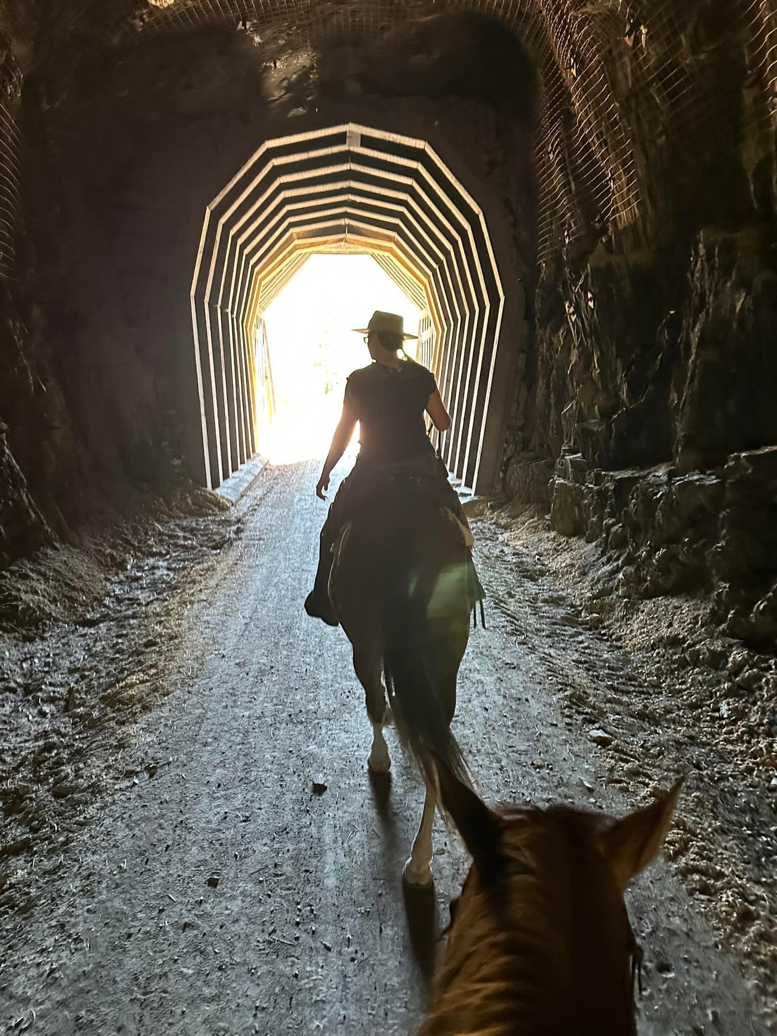 Horse and rider silhouetted at the end of a mountain tunnel