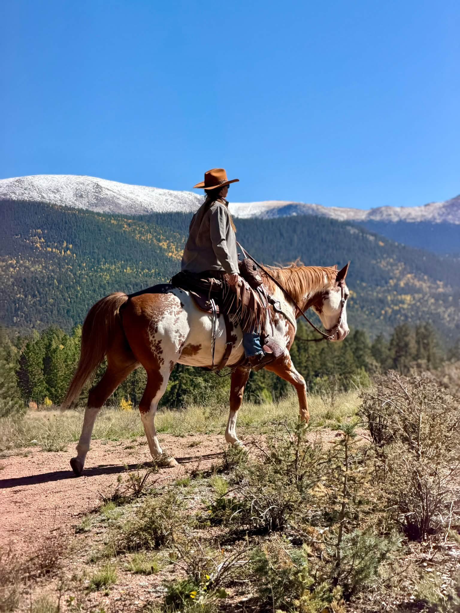 Bree riding her paint horse with a snow-dusted mountain behind her